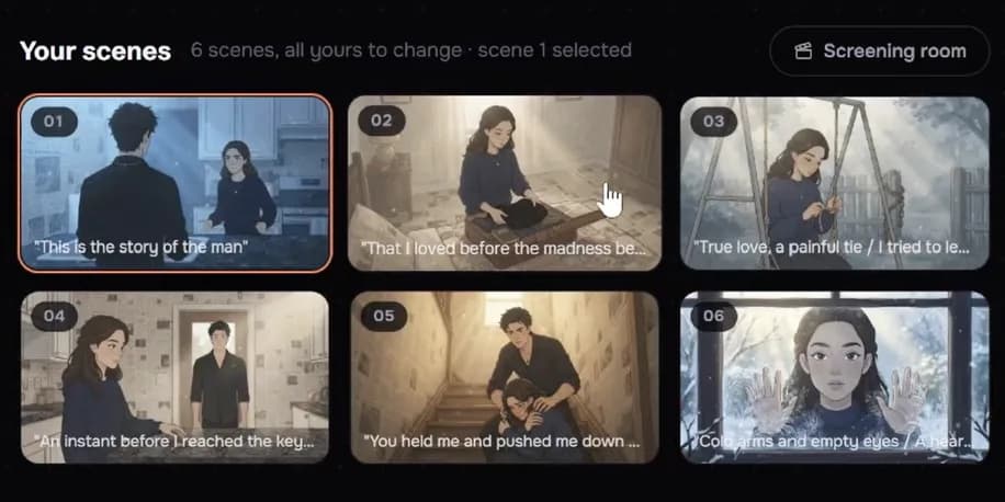The scene board: six scenes as pictures, the first one selected