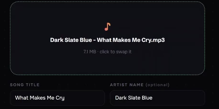 The upload screen with a song staged and its title and artist filled in